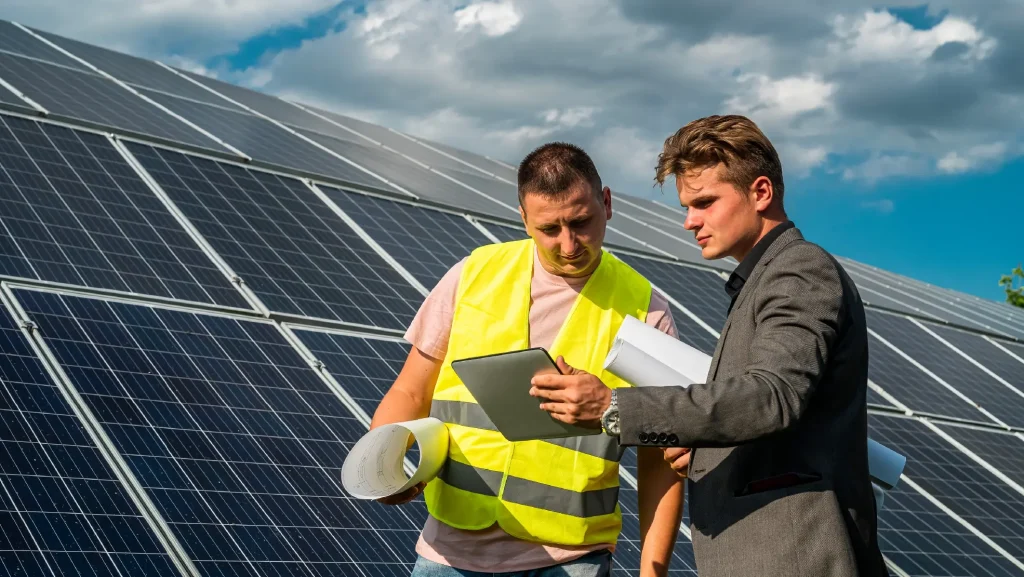 Solar technician in safety vest reviewing tablet data with business professional at solar panel installation site