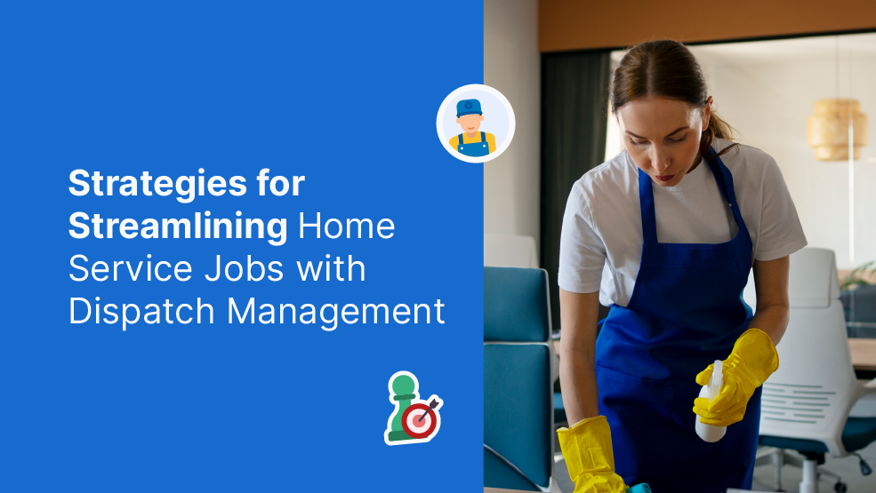 Home service technician in blue apron and yellow gloves cleaning an office workspace with spray bottle