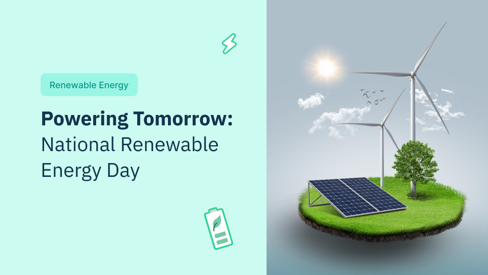 Wind turbines and solar panels on a floating grass island representing clean renewable energy sources