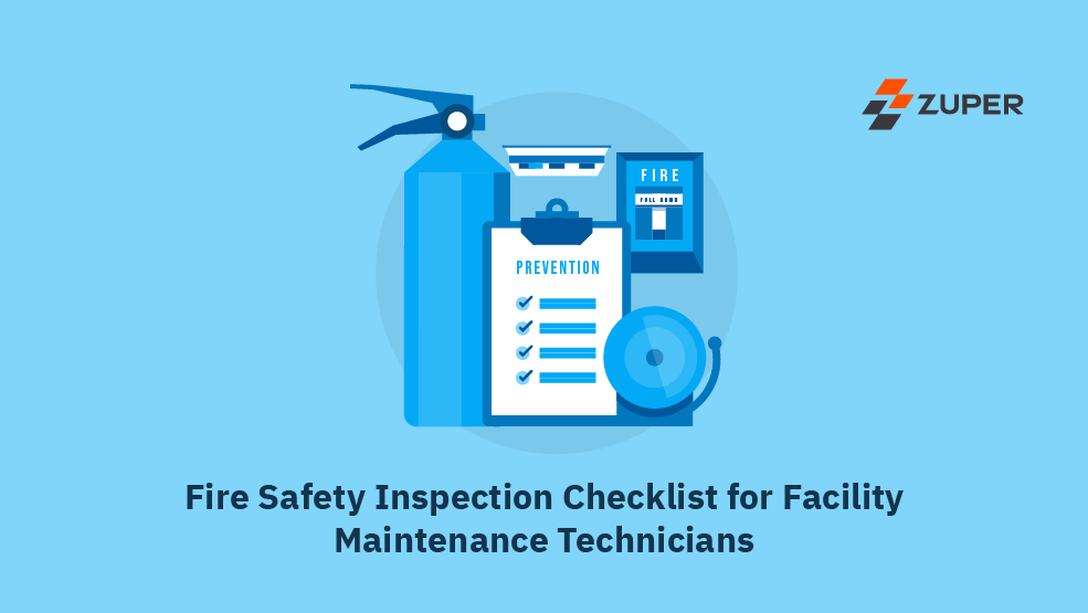 Fire safety inspection checklist clipboard with fire extinguisher, alarm bell, and pull station for facility maintenance