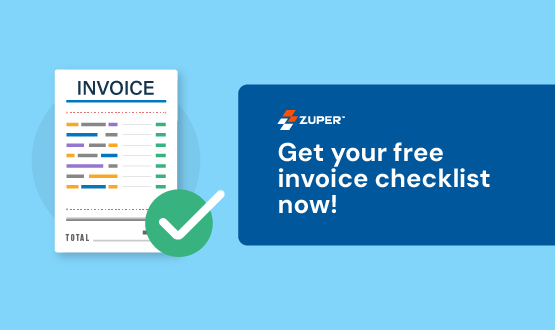 Zuper invoice checklist promotional graphic with document showing completed line items and green checkmark