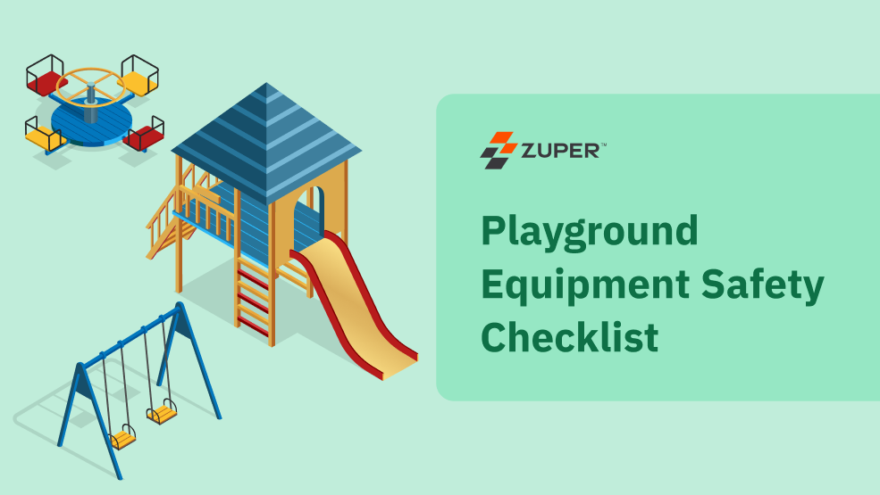 Isometric playground equipment with playhouse, slide, swing set, and merry-go-round for safety inspection checklist.