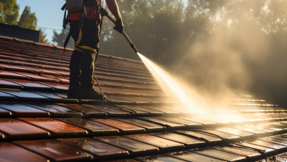 Technician in safety harness pressure washing clay roof tiles with mist rising in morning sunlight