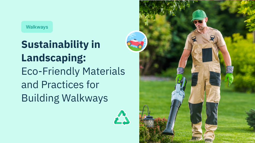 Landscaper in work gear using a leaf blower on a manicured lawn with garden path lighting nearby