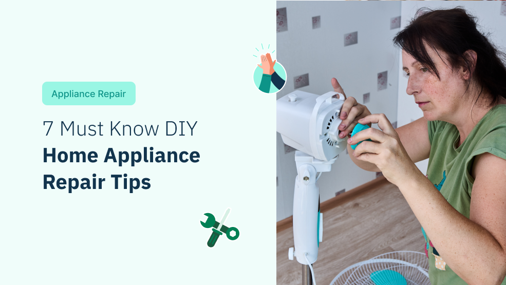 Woman repairing a white electric fan motor at home using basic tools