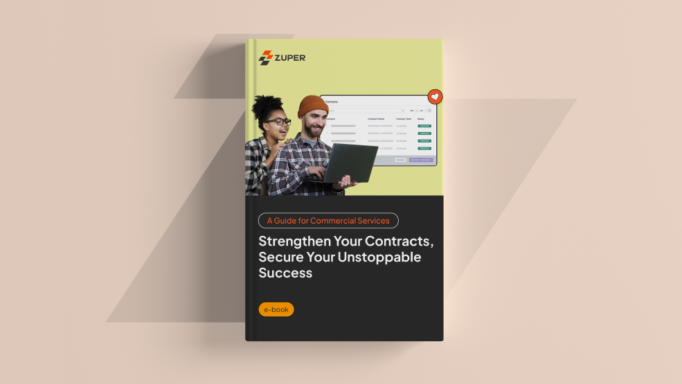 Zuper e-book cover showing two professionals viewing contract management software on a laptop