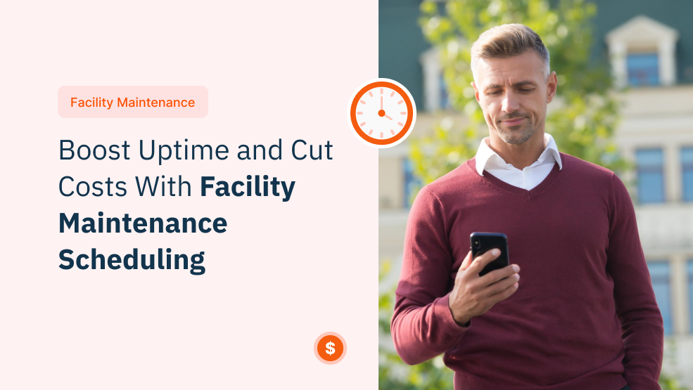 Facility manager checking maintenance schedule on mobile phone with clock and cost icons