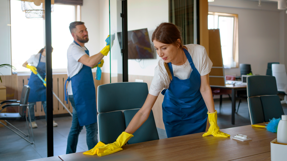 Professional cleaning crew wiping office desk and glass partition while wearing blue aprons and yellow gloves