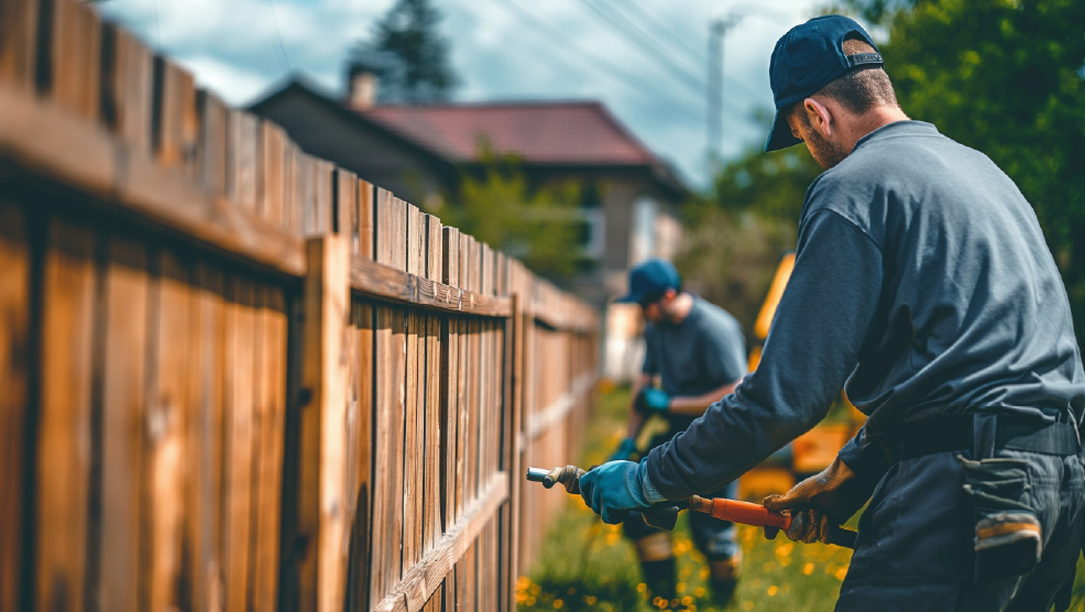 Two workers installing a wooden privacy fence in a residential backyard using hand tools
