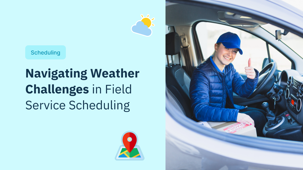 Field service technician in blue uniform giving thumbs up from delivery van with weather and map icons