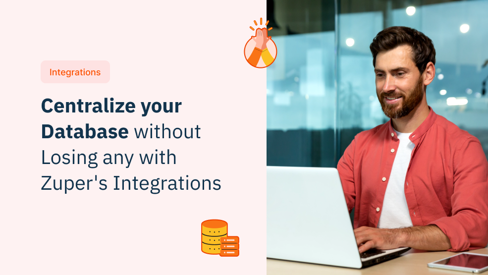 Professional smiling at laptop in modern office with database integration icons and celebratory graphics