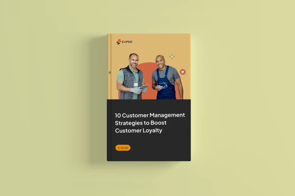E-book cover showing two field service technicians with tablet and drone discussing customer management strategies