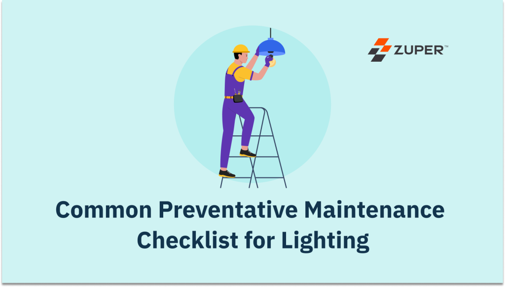 Technician on ladder installing pendant light fixture for preventative maintenance