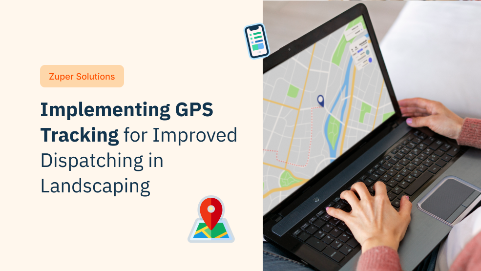 Person using laptop displaying GPS map interface for landscaping crew dispatching and route tracking