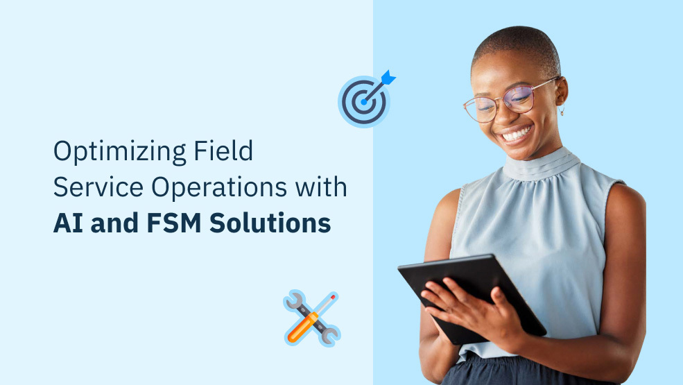 Woman smiling while viewing tablet with target and tools icons representing AI-powered field service management