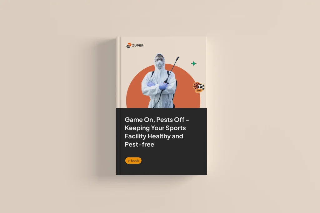 Pest control technician in protective suit with spray equipment beside sports ball icons