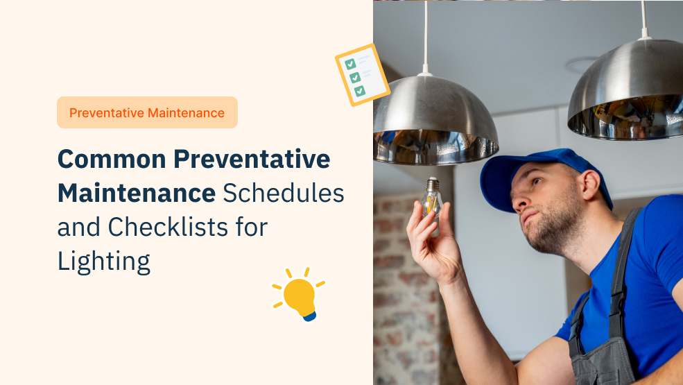 Technician in blue uniform and cap replacing a light bulb in a chrome pendant fixture during scheduled maintenance