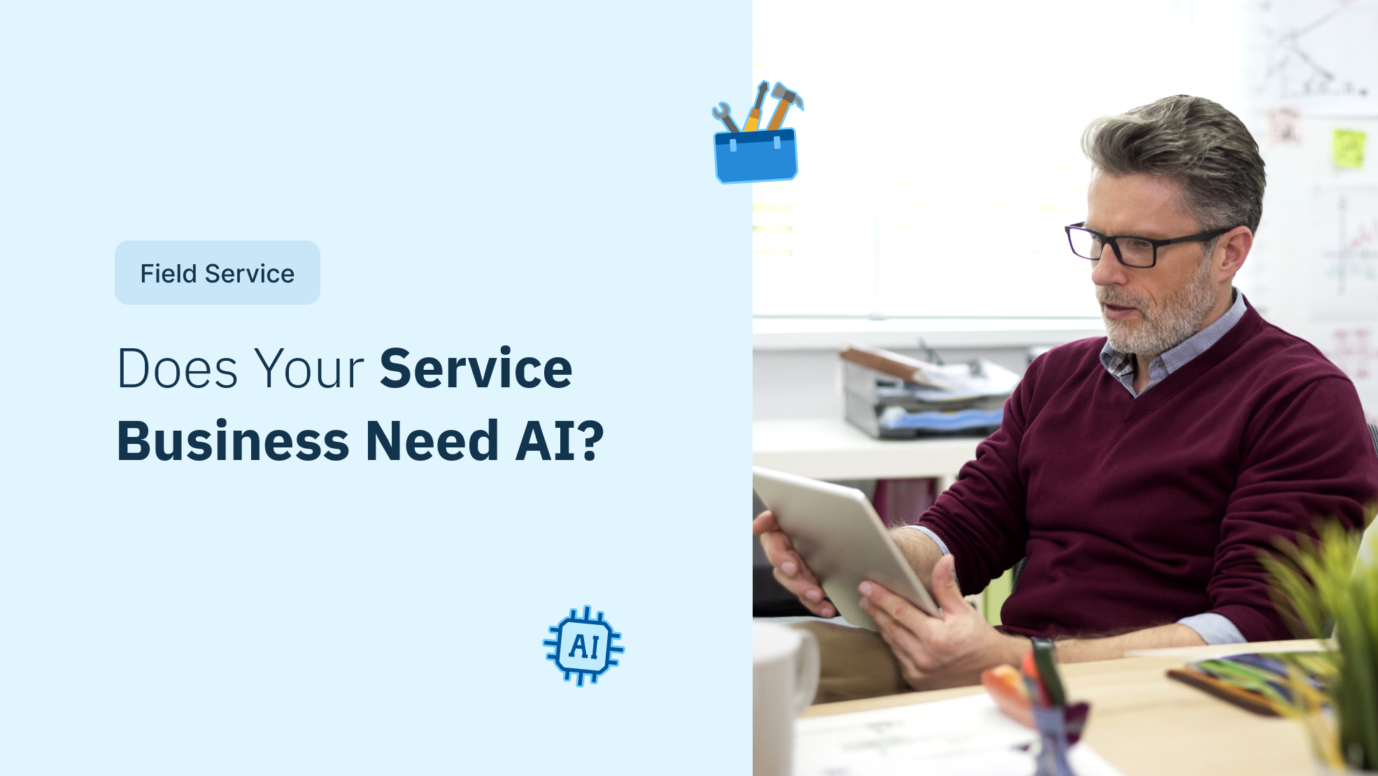 Field service business owner reviewing AI technology options on tablet in office