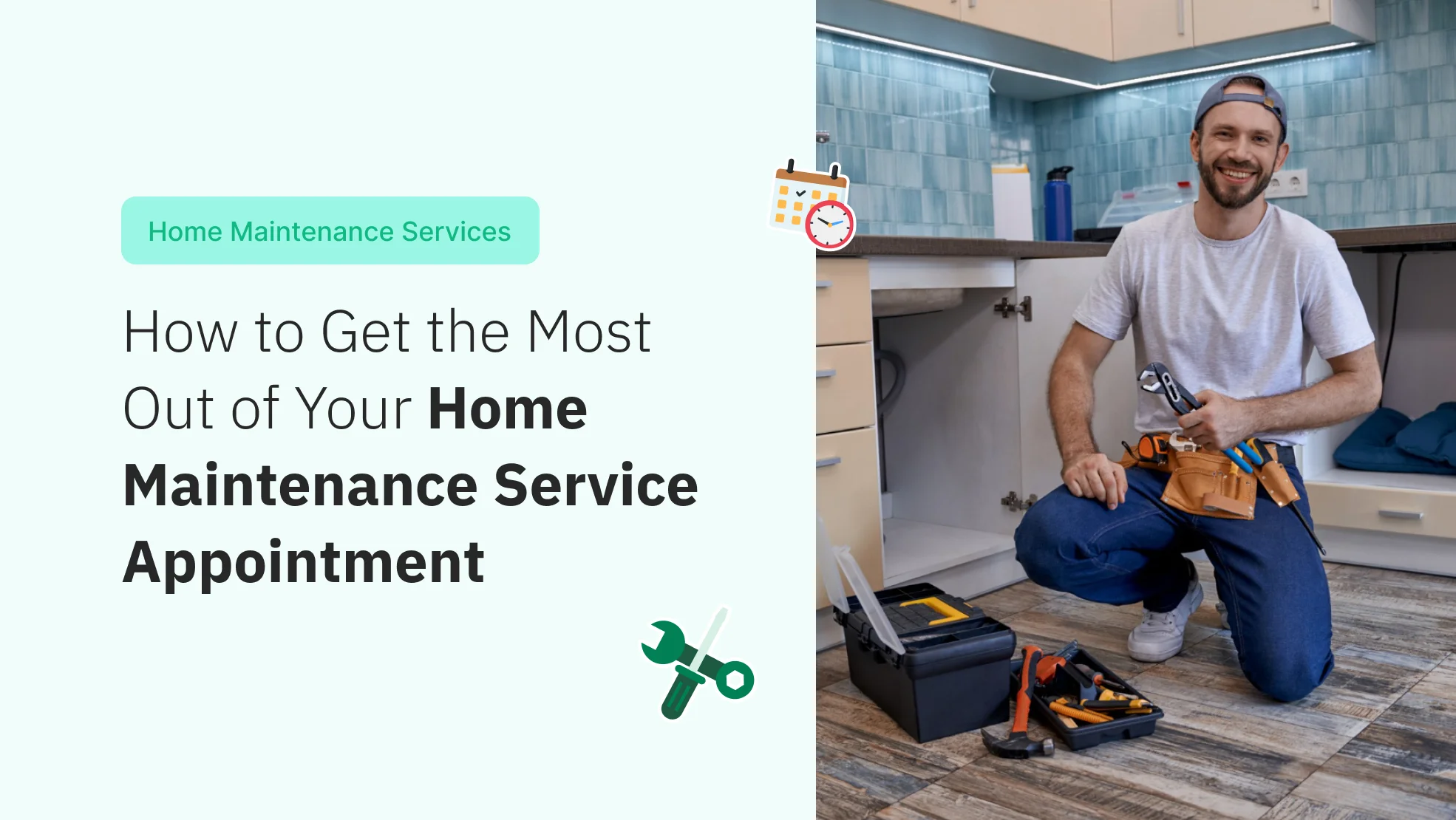 Smiling home maintenance technician kneeling in kitchen with tool belt and toolbox ready for service appointment