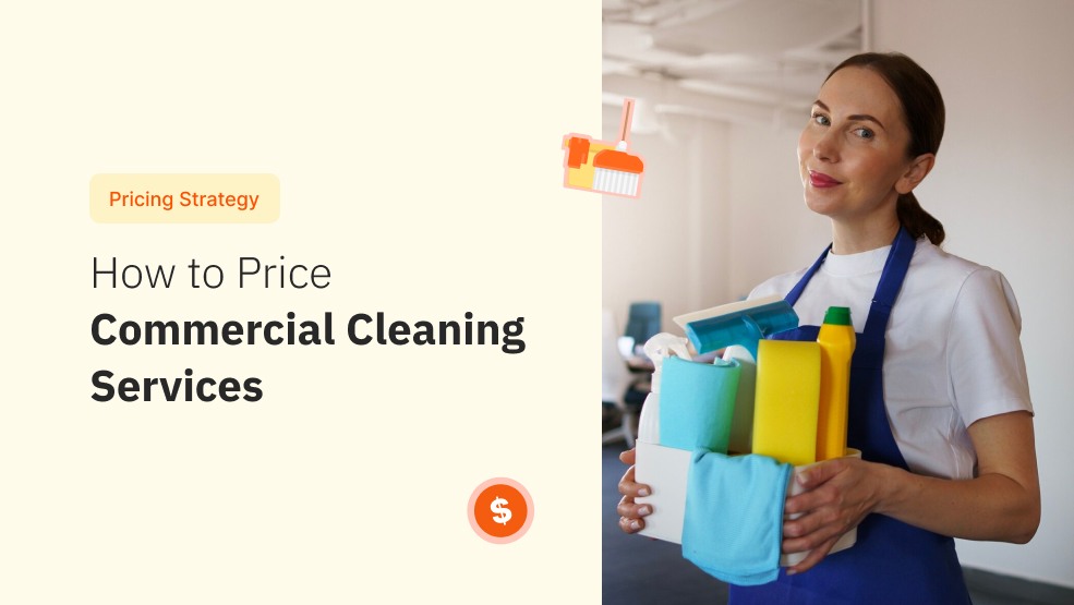 Commercial cleaner in blue apron holding a caddy of cleaning supplies and bottles
