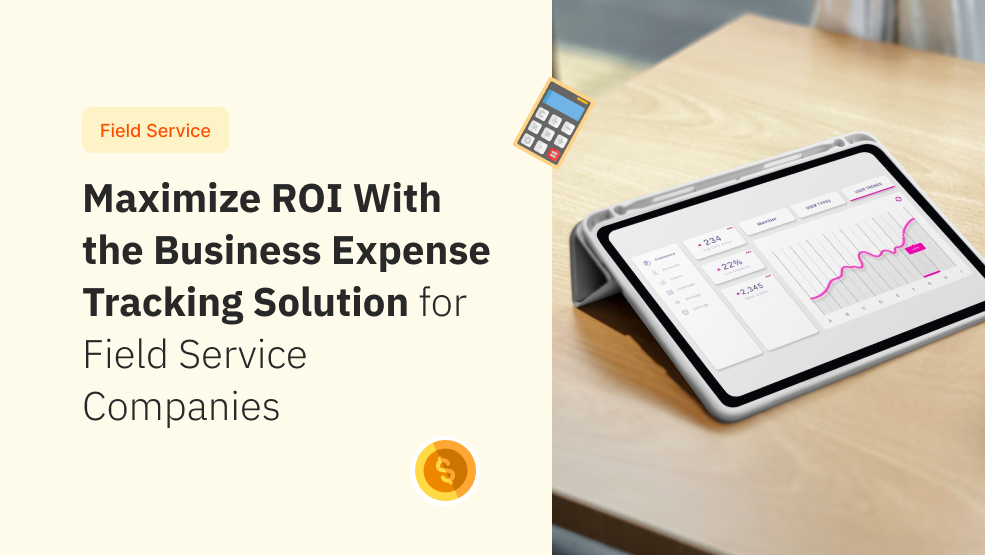 Tablet displaying expense tracking dashboard with revenue growth chart and percentage metrics for field service businesses