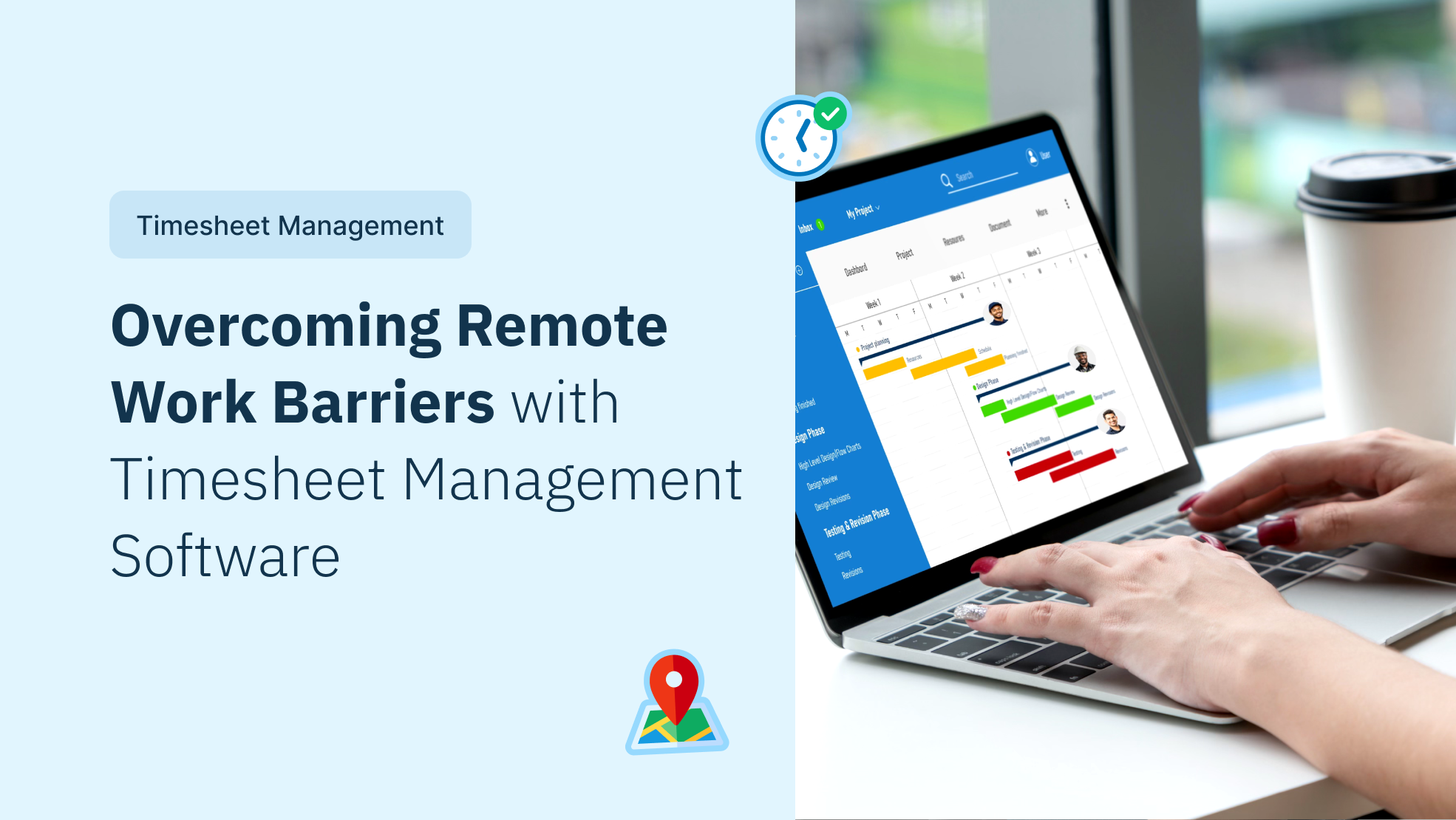Timesheet management software showing project timeline with task phases, team assignments, and progress tracking on laptop