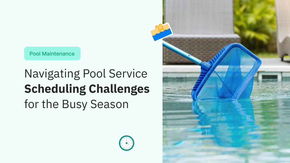 Pool skimmer net resting in clear blue swimming pool water beside patio lounger