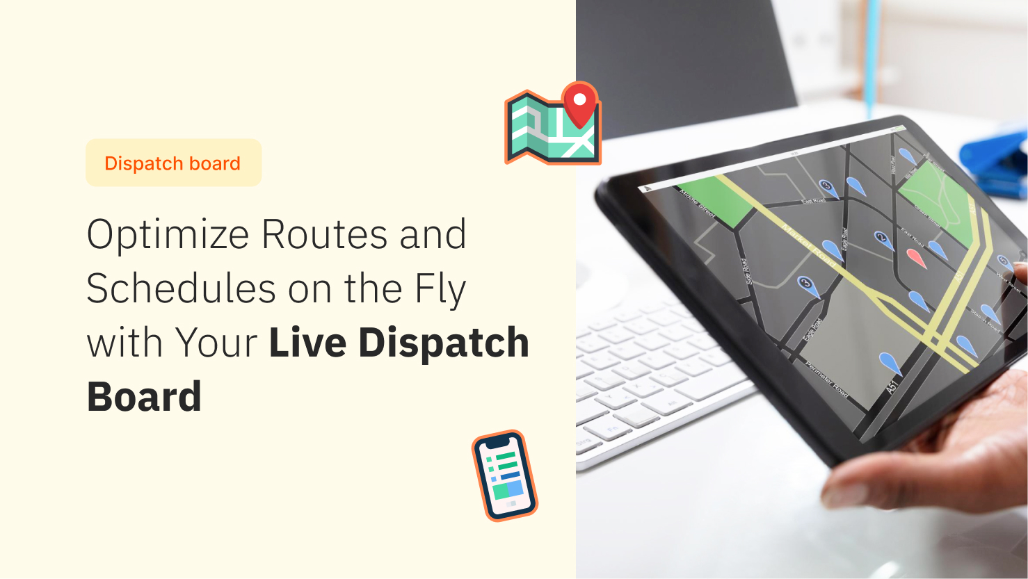 Tablet displaying live dispatch map with location pins for real-time route and schedule management