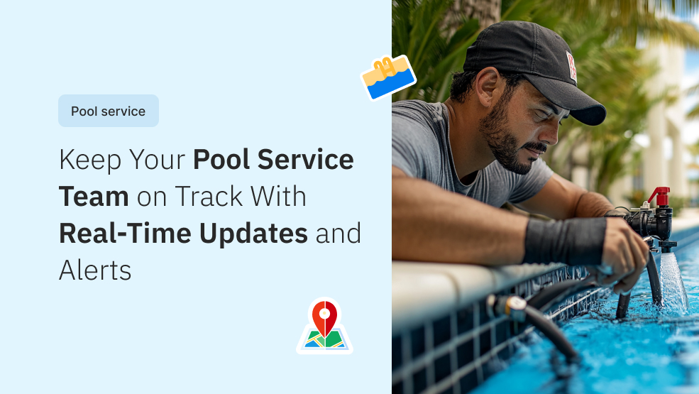 Pool service technician adjusting equipment at poolside with real-time GPS tracking and alerts interface