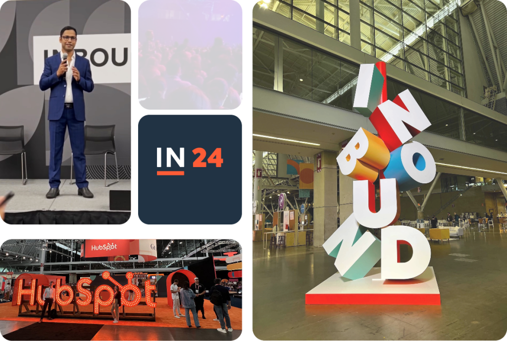 INBOUND 24 conference display featuring colorful 3D letter sculpture and HubSpot booth with attendees