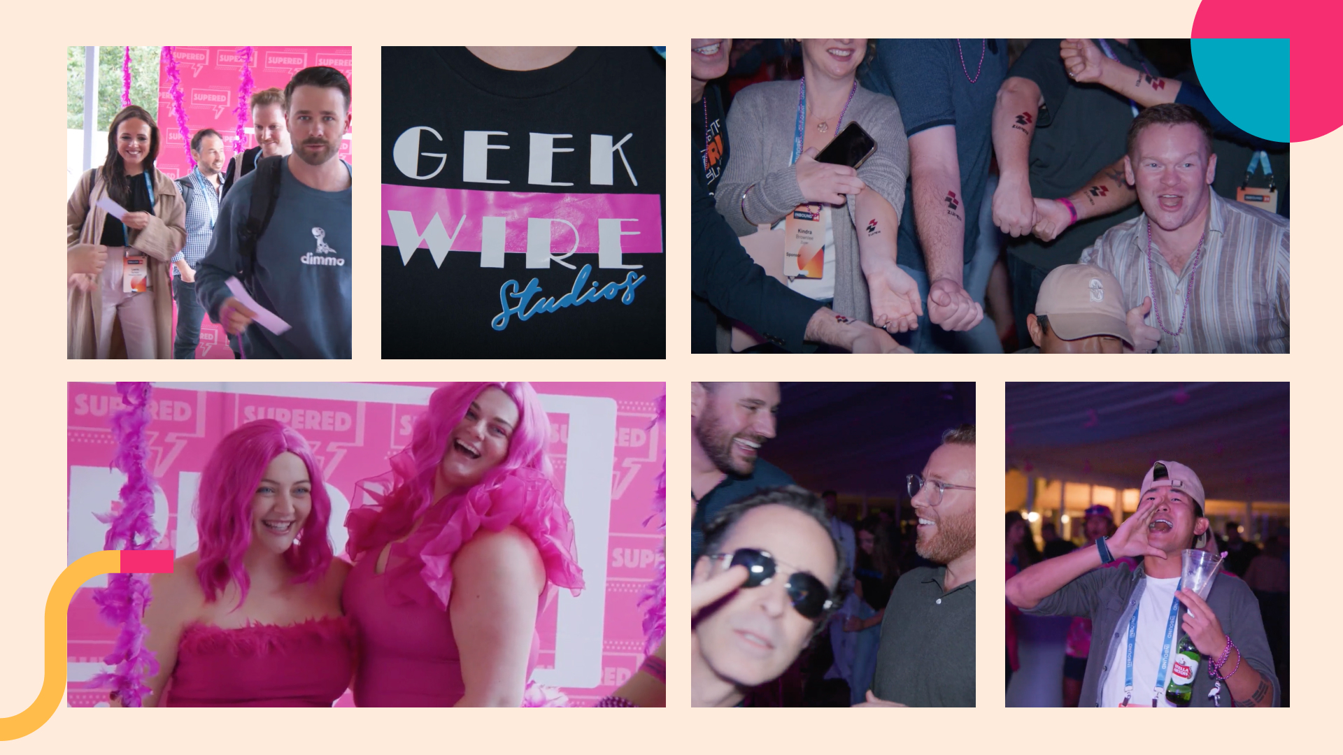 Attendees networking and celebrating at Supered event with pink-themed photo booth and GeekWire Studios branding