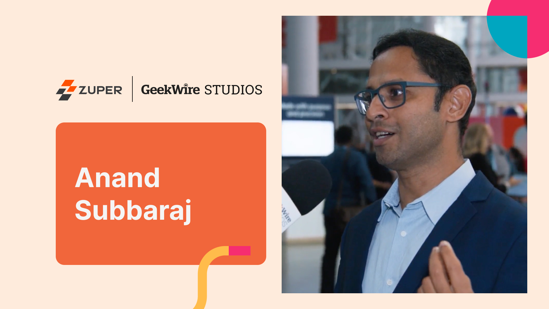 Anand Subbaraj, Zuper CEO, speaking at a GeekWire Studios interview event