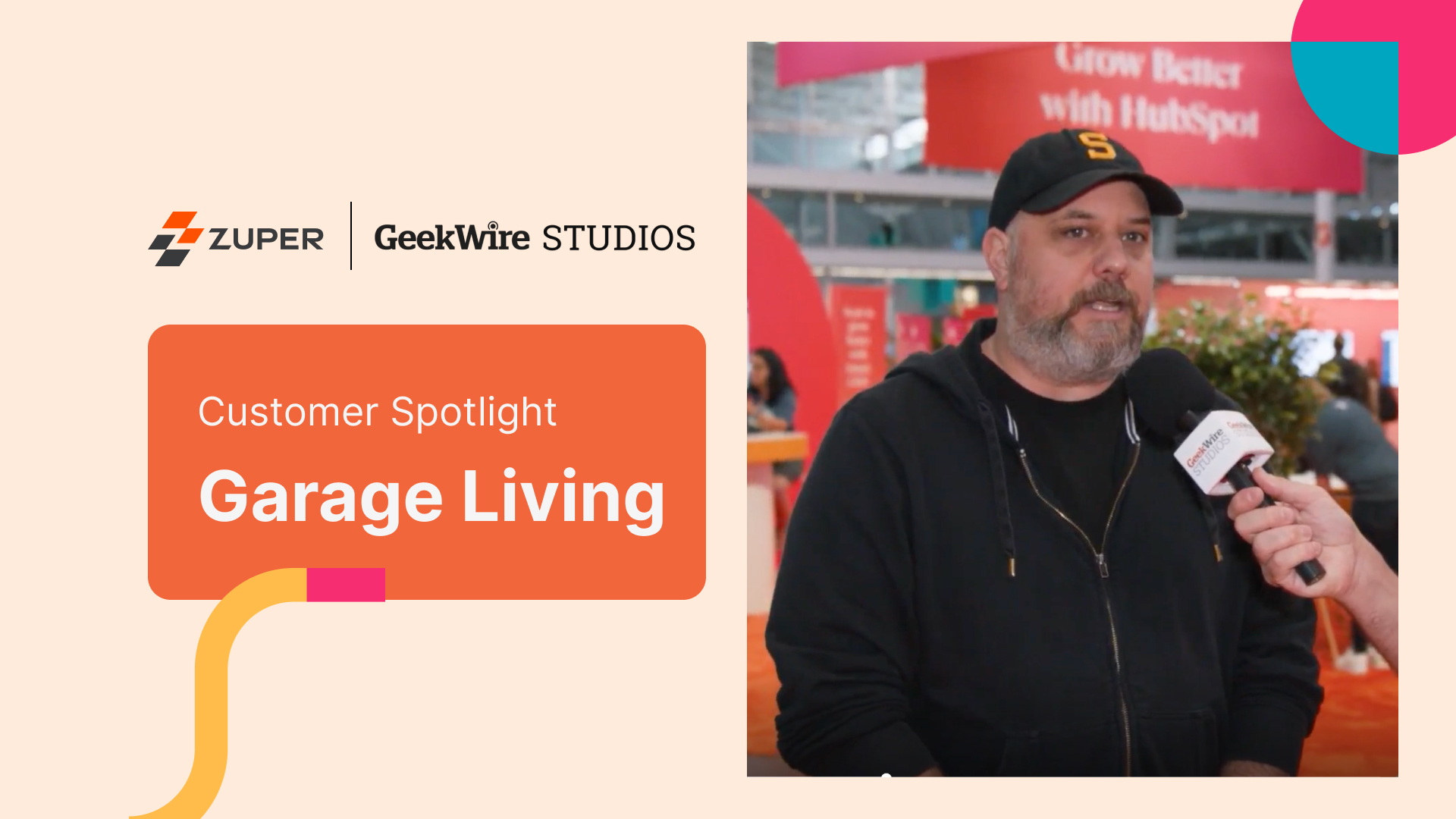 Garage Living representative being interviewed at HubSpot conference for Zuper customer spotlight by GeekWire Studios