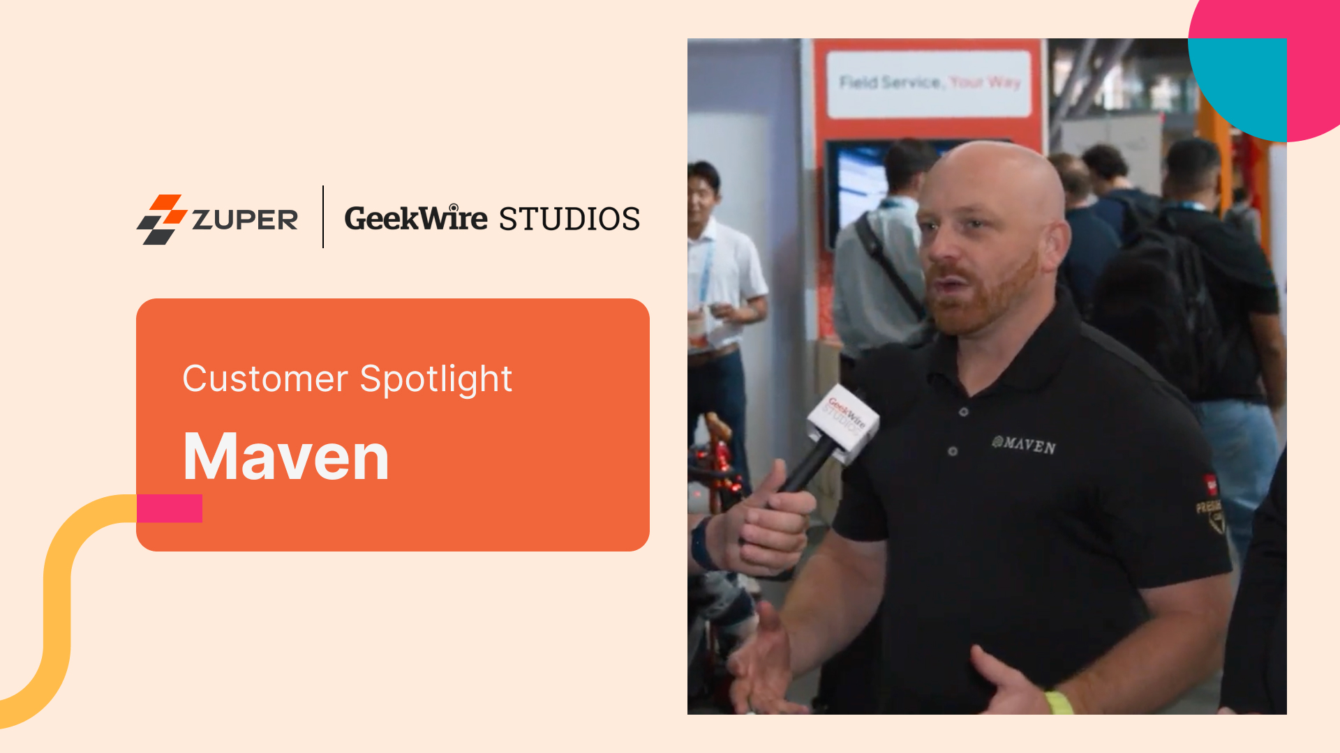 Maven customer discusses Zuper field service software benefits in GeekWire Studios interview at trade event