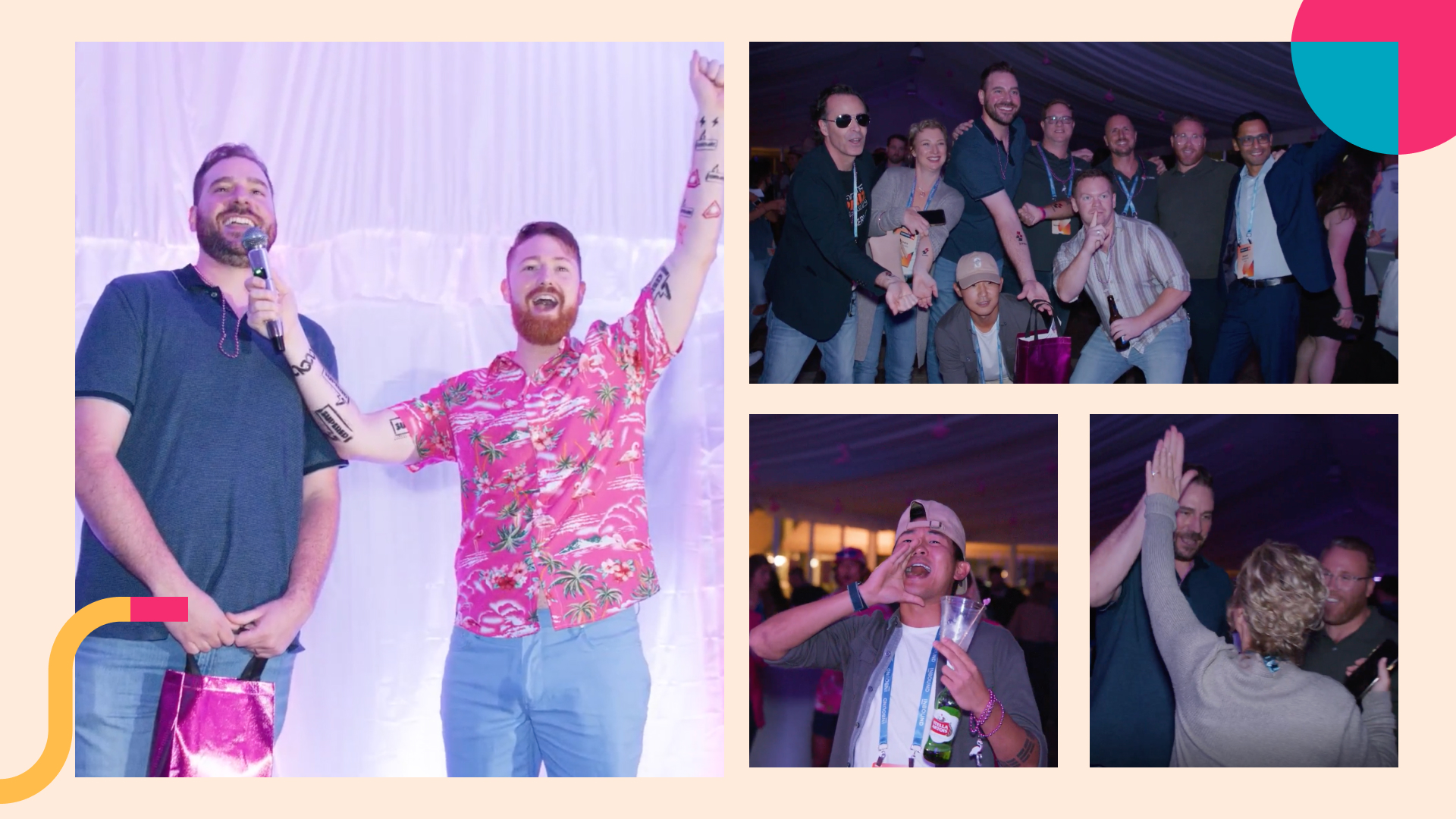 Team members celebrating on stage with microphone while colleagues network and high-five at Zuper company event