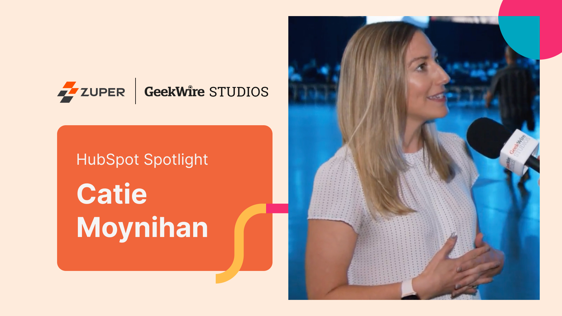 Catie Moynihan speaking in a GeekWire Studios interview at a HubSpot event, sponsored by Zuper