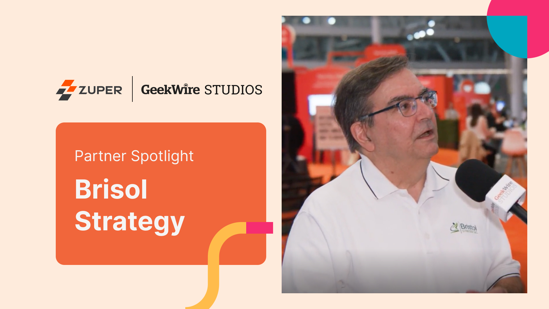 Bristol Strategy representative speaking into GeekWire Studios microphone at Zuper partner event