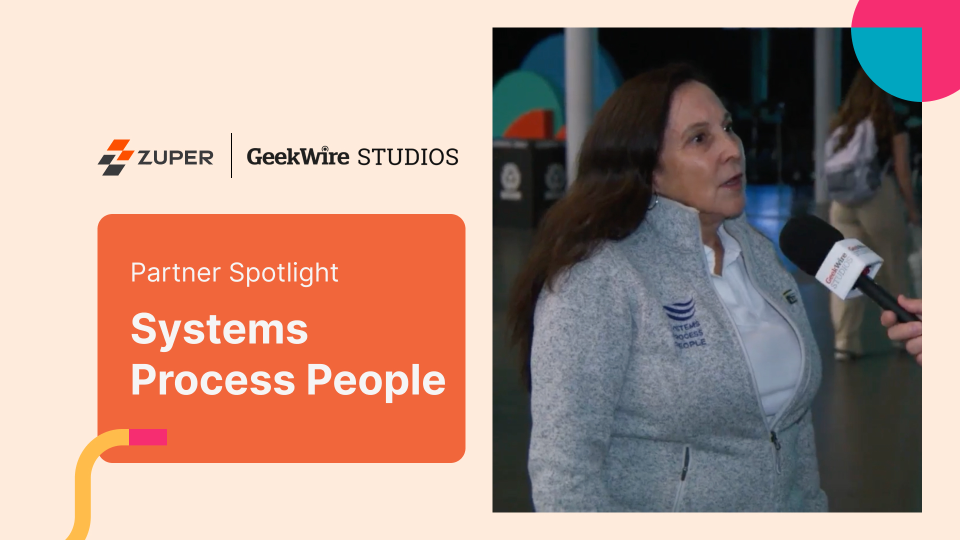 Systems Process People representative being interviewed by GeekWire Studios at a Zuper partner event