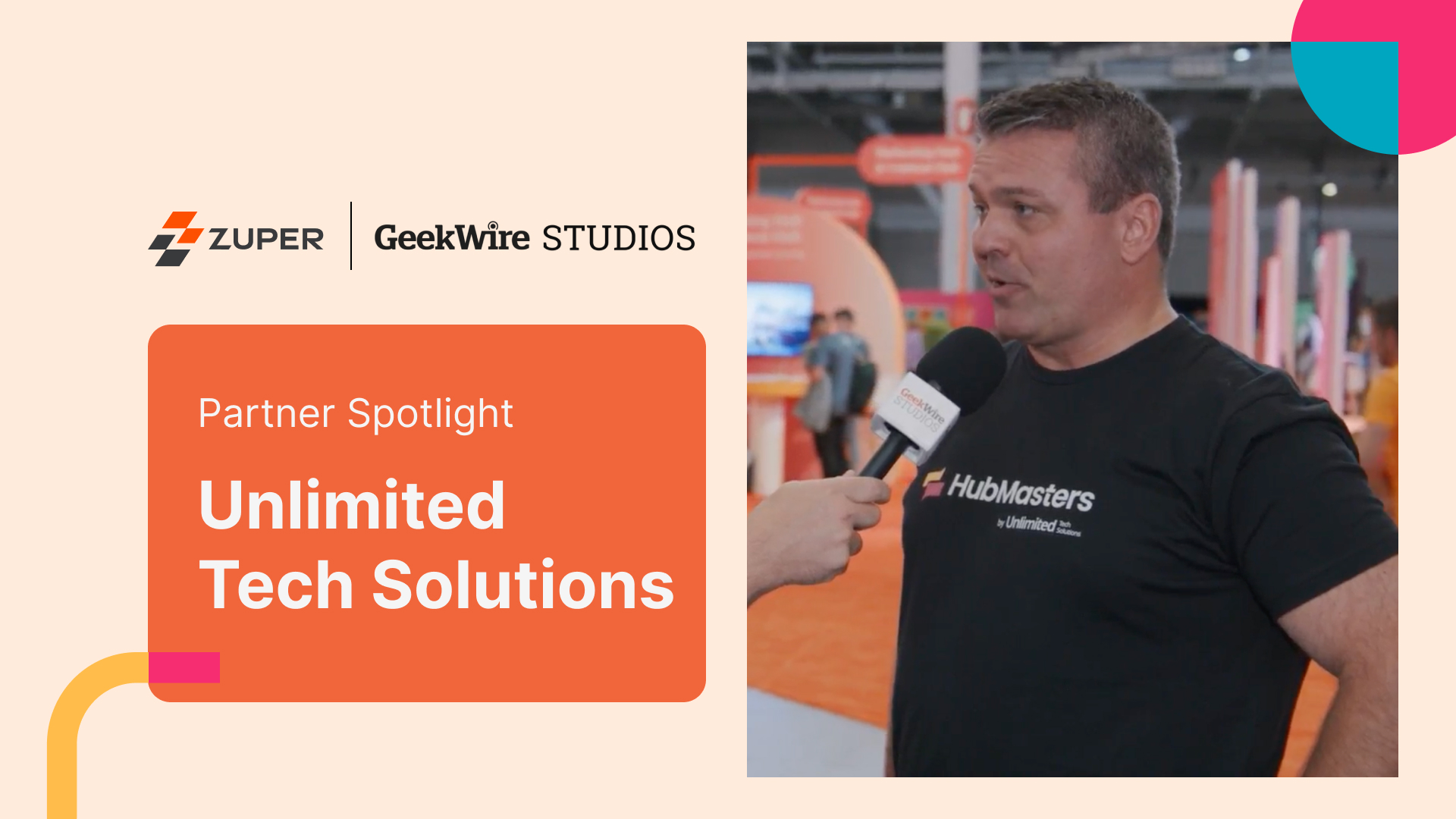 GeekWire Studios interview with HubMasters representative discussing Zuper partnership at tech conference