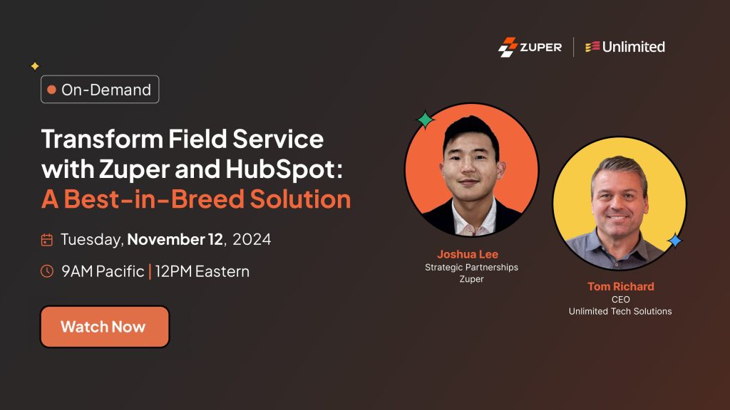 Joshua Lee and Tom Richard presenting Zuper and HubSpot field service integration webinar