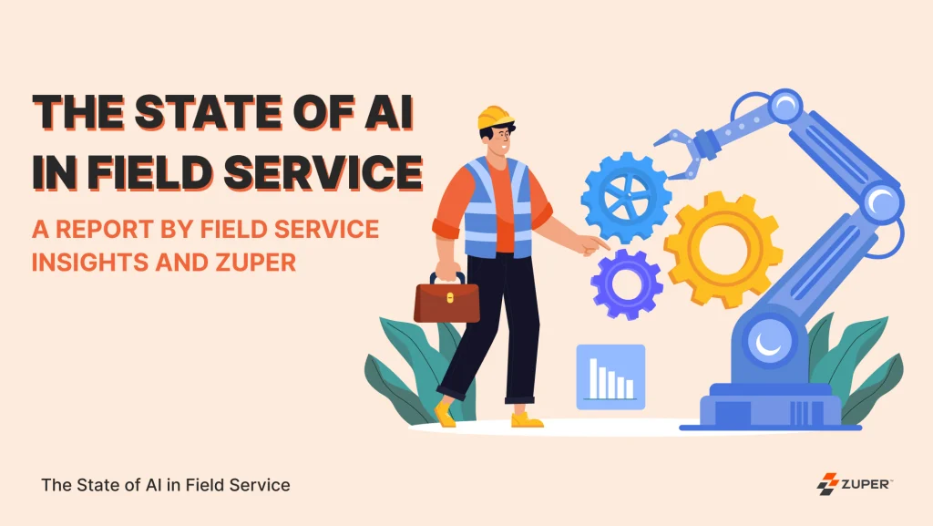 Field service technician with toolbox interacting with robotic arm and gears, representing AI automation in field service