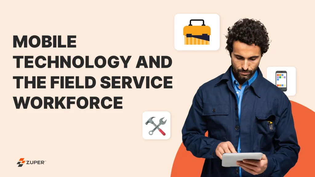 Field service technician using a tablet with icons representing tools, mobile apps, and equipment for workforce management