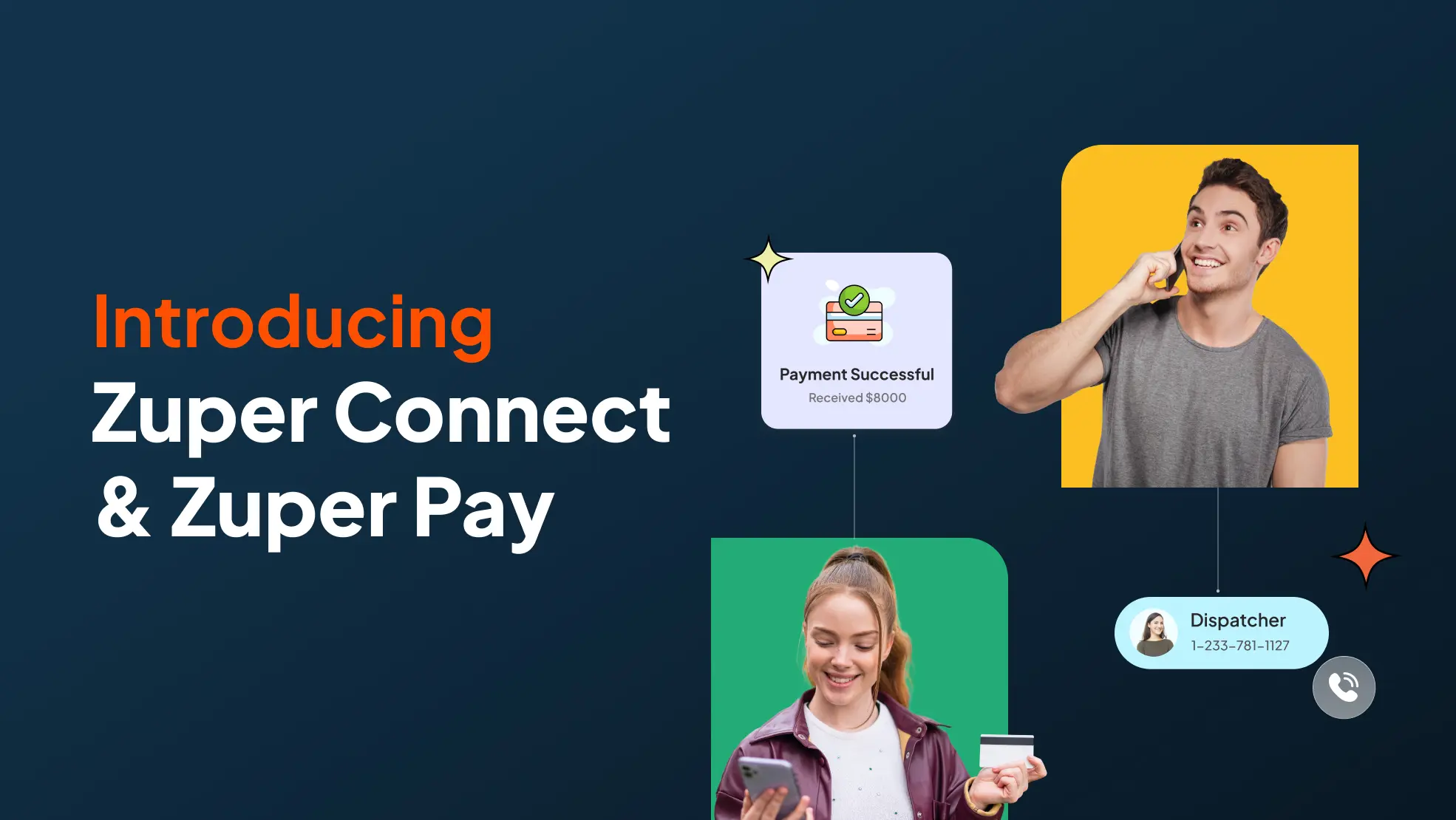 Field technician on phone receives $8000 payment confirmation while customer pays via mobile with dispatcher contact visible