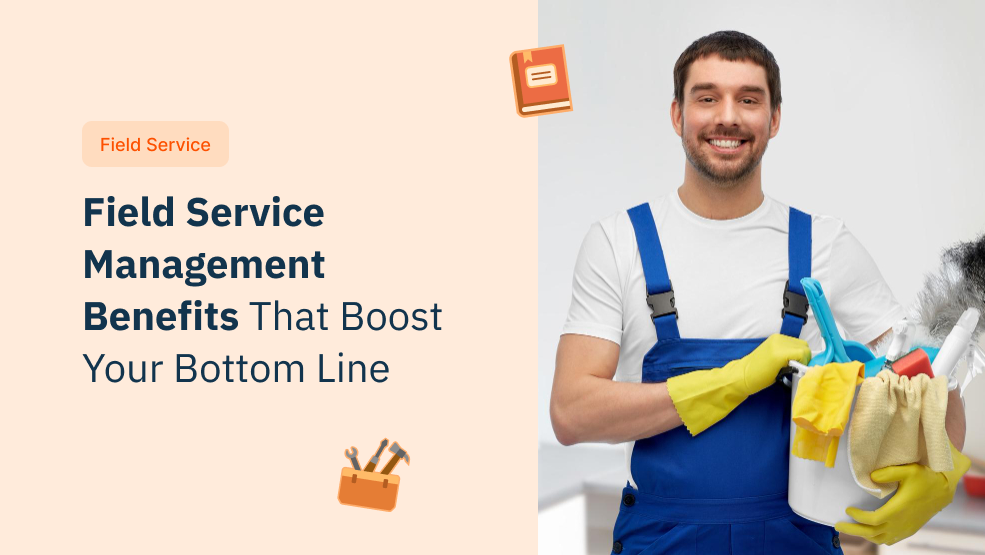 Smiling cleaning technician in blue overalls holding a bucket of supplies and cleaning tools