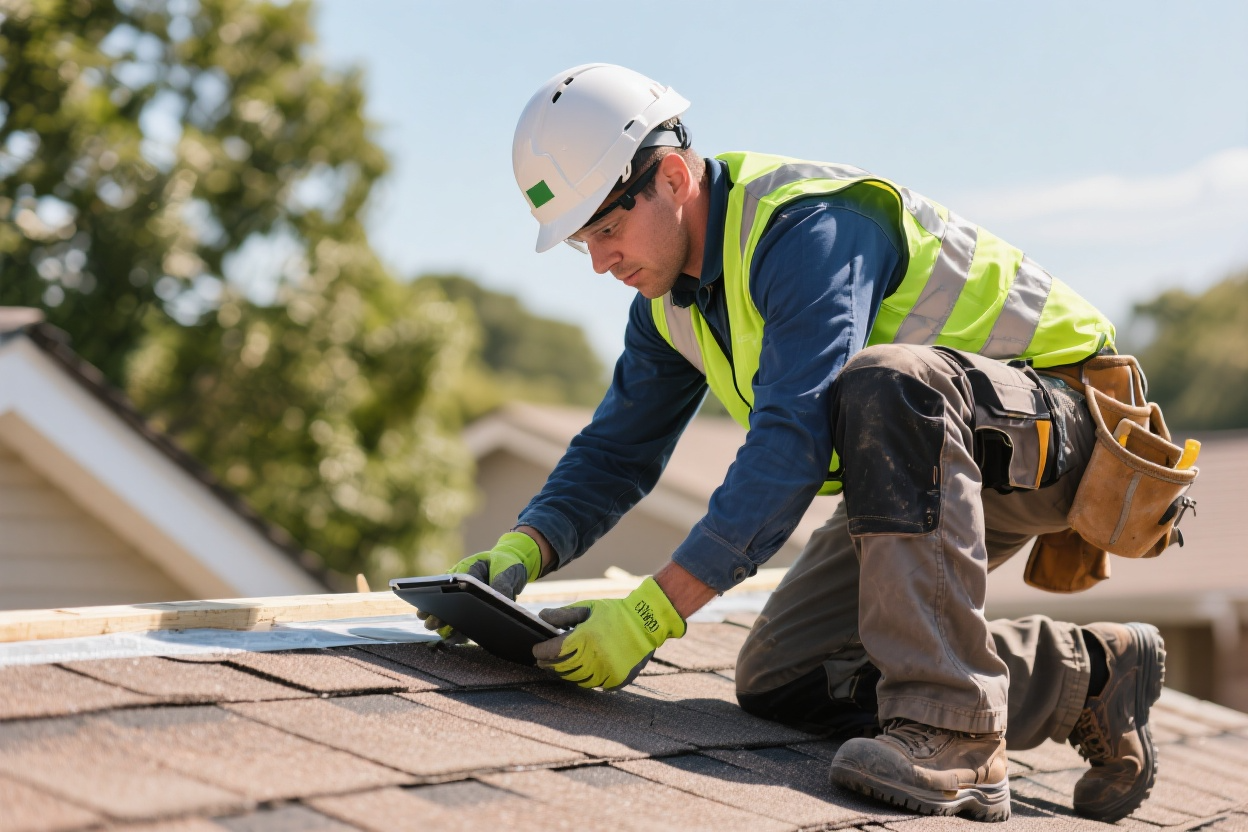 Roofer in safety gear using tablet to reference job details while installing asphalt shingles on residential roof