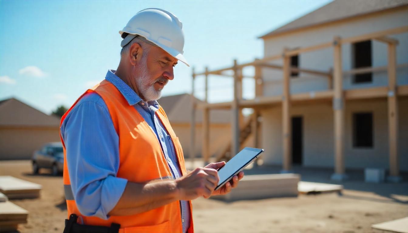 Construction supervisor reviewing project details on tablet at residential job site