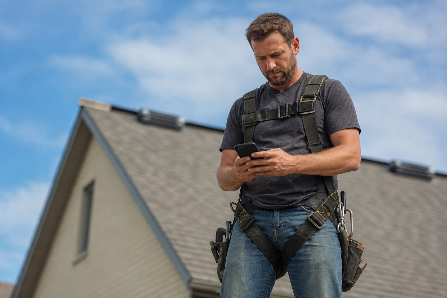 Roofing contractor in a safety harness checking the best roofing estimating software on his smartphone at a job site