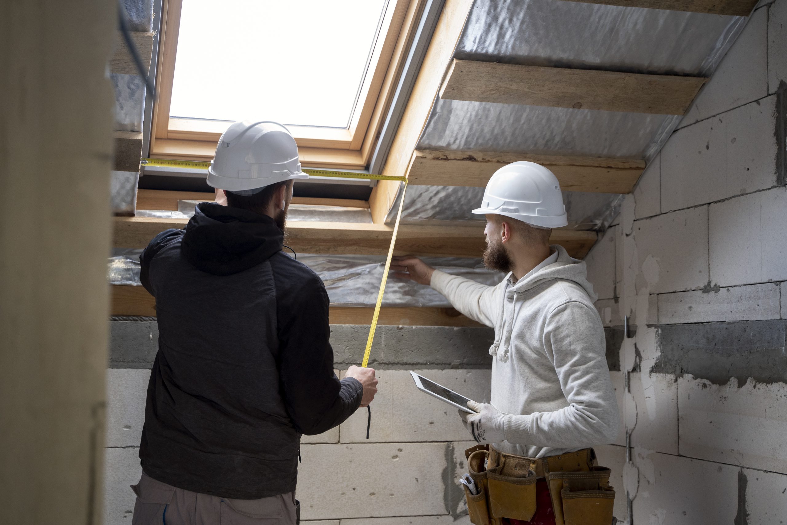 Two construction workers in hard hats using a tape measure to assess a skylight window during a building inspection