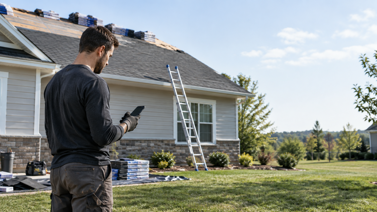 A roofing contractor reviews crew assignments in roofing scheduling software on a smartphone