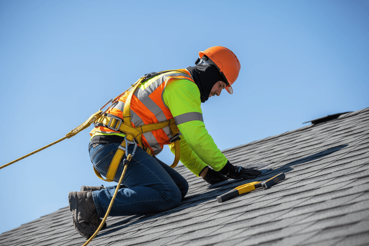 Roofer in safety harness and hard hat kneeling on asphalt shingles with tools during roof repair